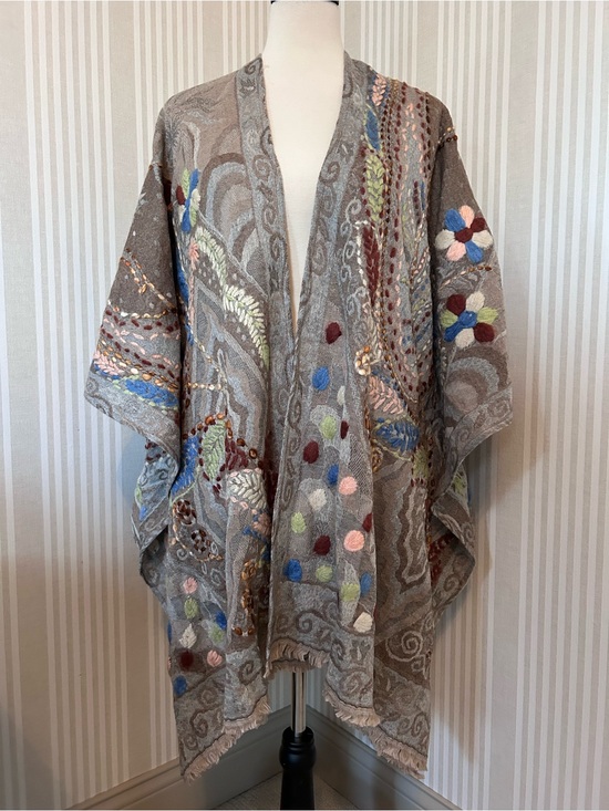 Coldwater Creek Jackets & Blazers - Coldwater Creek Wool Embroidered Grey Multi-Color Open Front Wrap One-Size